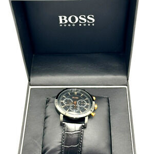 HUGO BOSS Black Gold Dial Watch‎ Croc Embossed Leather Band Water-Resistant Date